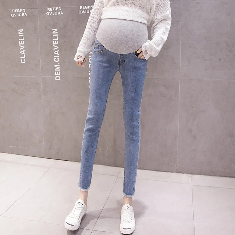 NiDELL Maternity Clothes . Denim Pregnant Women's Cropped Pants High Waist Belly Support Maternity Jeans Outer Wear Slim Fit Skinny Pants Spring and Summer