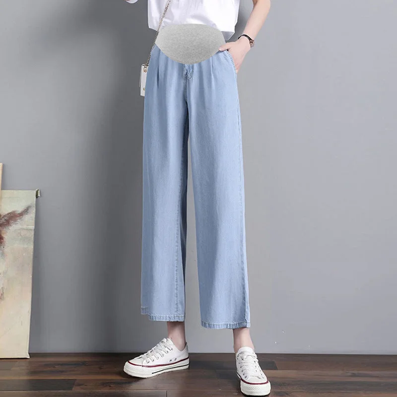 NiDELL Maternity Jeans . Summer Ultra-Thin Elastic Ice Silk Denim Smooth Casual Maternity Pants Outer Wear