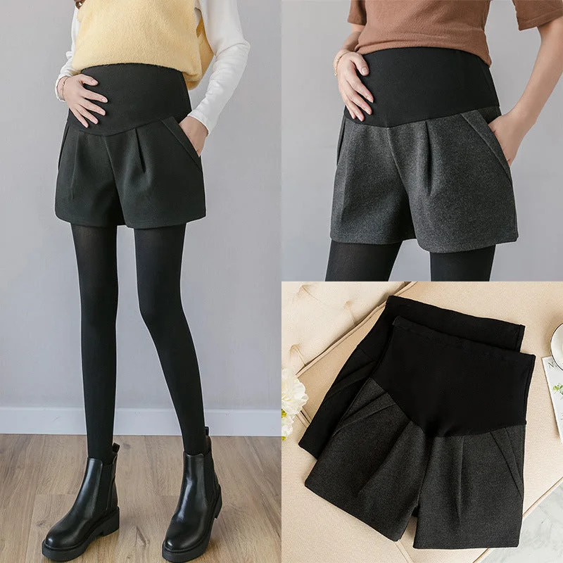 NiDELL Maternity Pants . Autumn and Winter Woolen Wide-Leg Shorts Internet Hot New Shorts Outer Wear Matching Panty-Hose Slimming Shorts