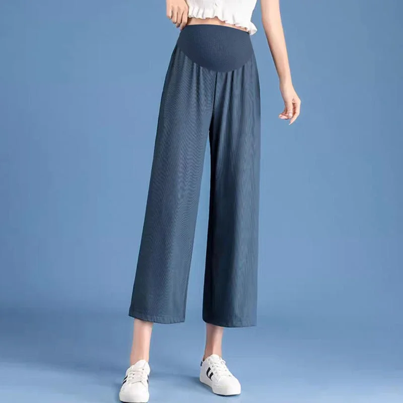 NiDELL Pregnant Women Ice Silk Wide-Leg Pants . Summer Thin Straight High Waist Draping Small Casual Loose Cropped Pants