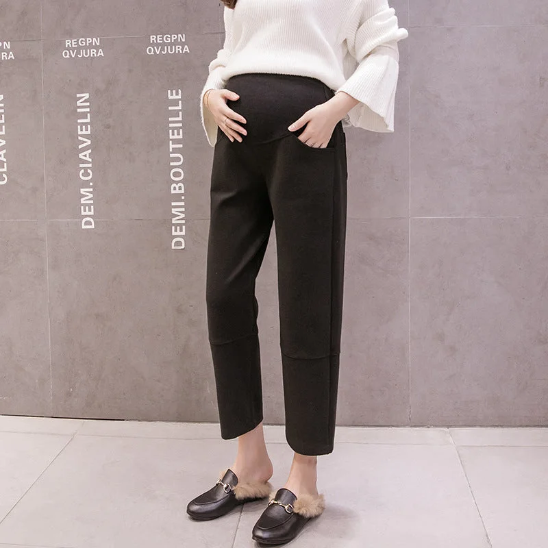 NiDELL . Pregnant Women Spring and Autumn Wear Elastic Woolen Maternity Pants Fashion High Waist Harem Pants Cropped Straight Grandma's Pants Outer Wear