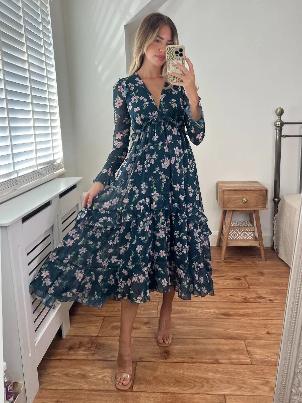 Birdie Frill Tie Back Dress / Teal Floral