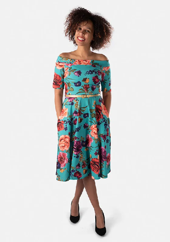 Eleri Teal Floral Swing Dress