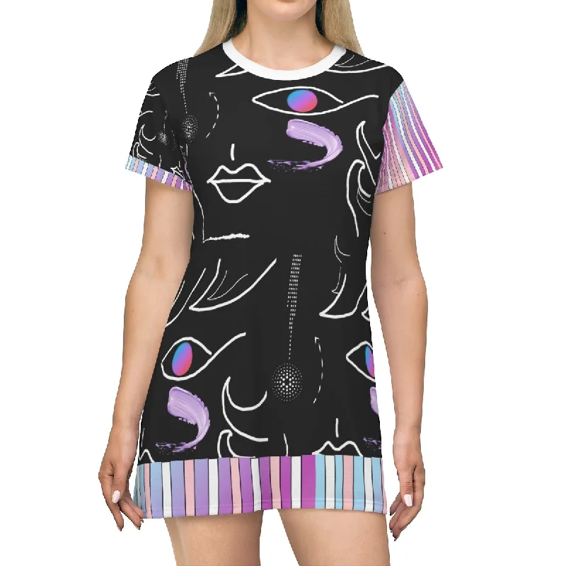 All Over Print T-Shirt Dress FACE DOODLES & CANDY STRIPES