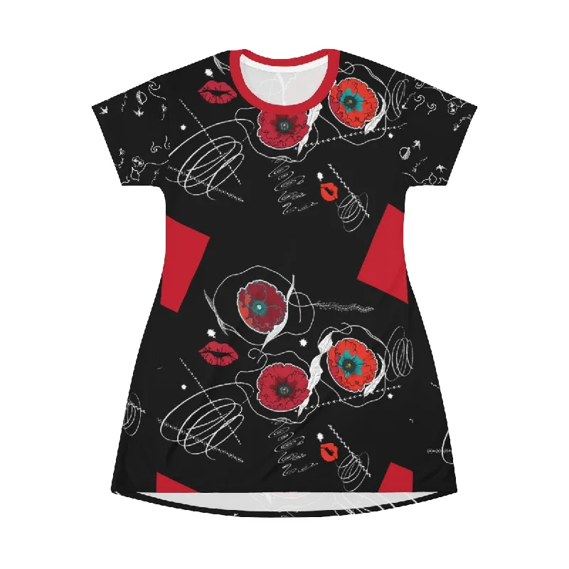 All Over Print T-Shirt Dress RUBY FLOWERS DOODLES ON BLACK