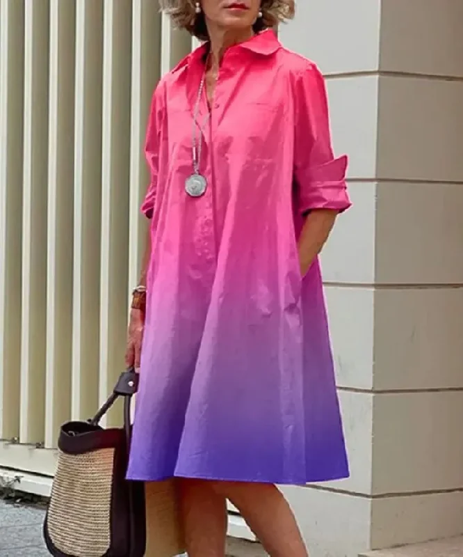 Casual Fashion Women Gradient Printing Shirt Collar Long Sleeve Pocket Dress