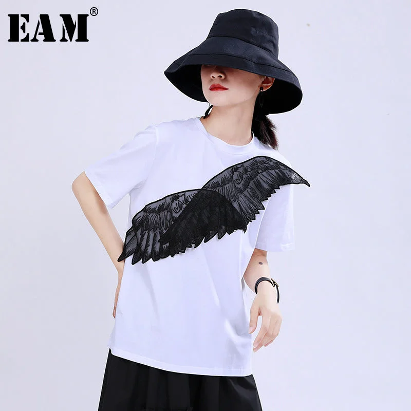 [EAM] Women Wings Mesh Split T-shirt Round Neck Short Sleeve