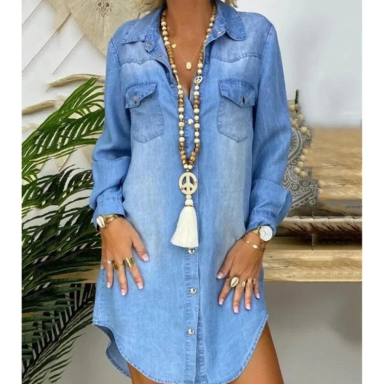 Single Breasted Long Sleeve Denim Shirt Dress (Color:Blue Size:XXL)