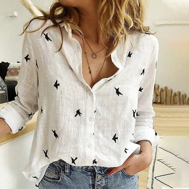 Women's Birds Print Shirts Blouses Cotton Linen Long Sleeve