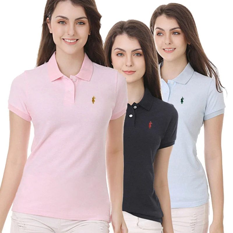 Womens Short Sleeve Polos Shirts Casual-Design Brand 100% Cotton Horse Logo Female Tops Tees