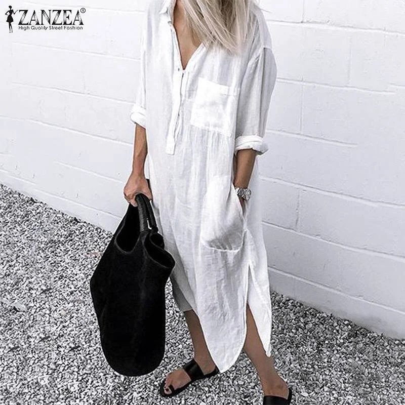 ZANZEA Women Long Cotton Tunic Shirts Dress Office Lady Work Dress