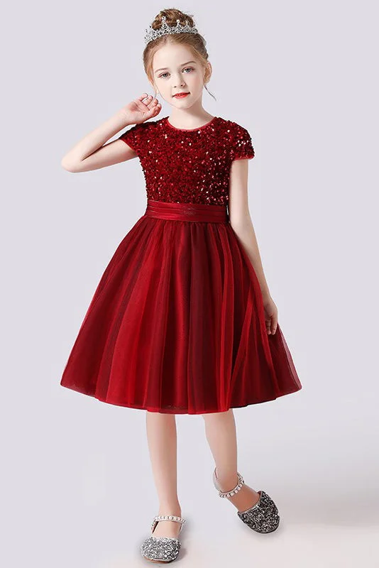 A Line Cute Cap Sleeves Sequins Short Flower Girl Dress