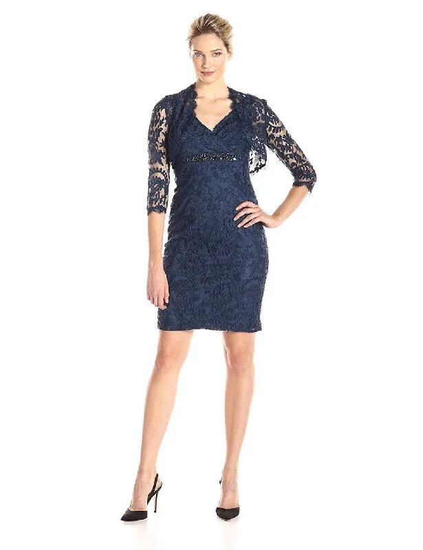 Adrianna Papell - 15253710SC V Neck Lace Short Dress with Cardigan