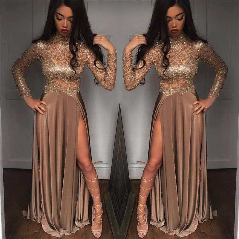 Bling Bling Golden  Sequins Prom Dresses Long Sleeves Formal Evening Dress with Sexy Slits 2020