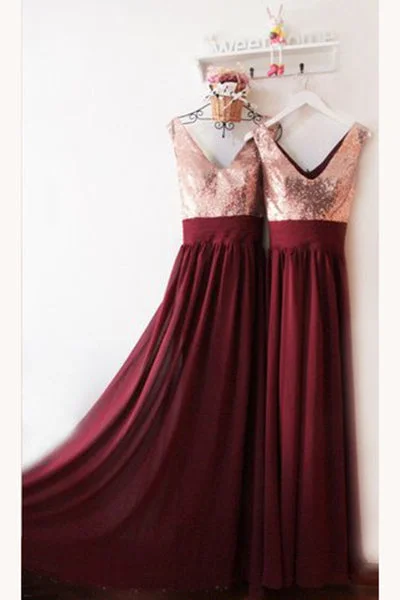 Burgundy V-Neck Floor Length Bridesmaid Dresses V-Back Rose Gold Sequin Prom Dresses N1128