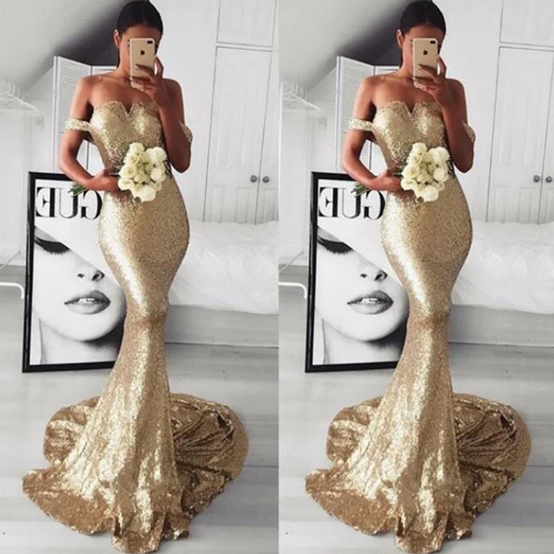 Champagne/Gold Sequins Prom Dress Off shoulder Evening Long Women Formal Gown