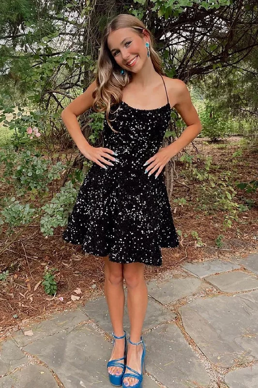 A Line Scoop Neck Black Sequins Short Homecoming Dress AB100804