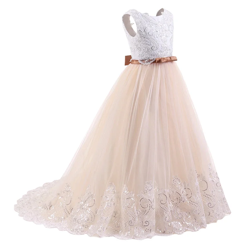 Cute Floor Length Sequins Lace Flower Girl Dresses white and pink communion dresses with Belt