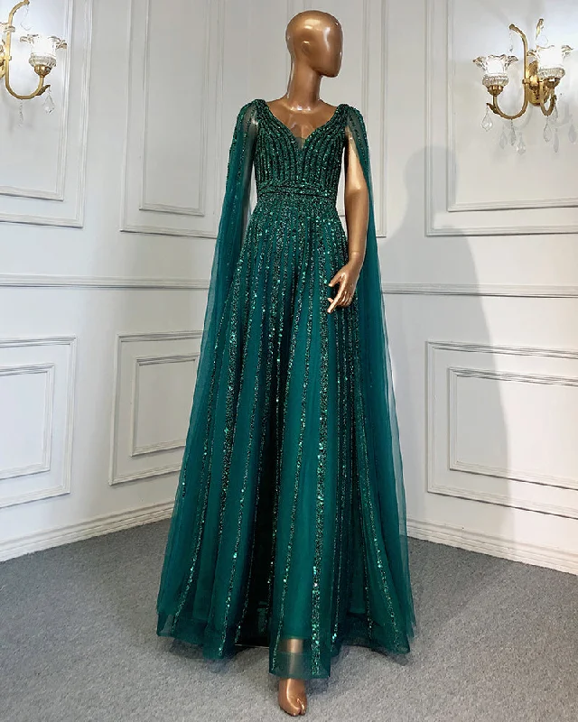 Dark Green Beading Sequin Luxry Arabic Long Evening Dress PL3129