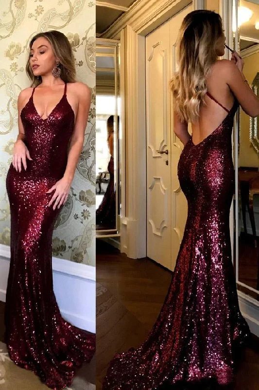 formal sparkle burgundy sequin mermaid long prom dress, BD6899