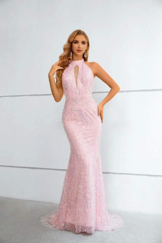 Halter Mermaid Keyhole Pink Beaded and Sequins Prom Dress