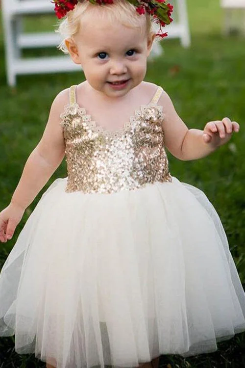 Ivory Straps V-Neck Sleeveless Tulle Flower Girl Dresses with Gold Sequins F045