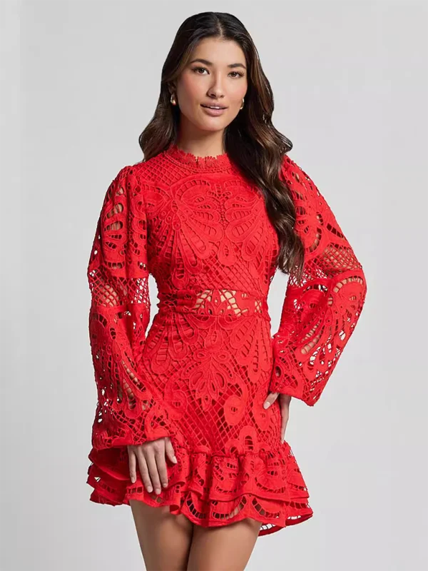 Blue Zone Planet |  Lapel Lantern Long Sleeve Waist Gown Short A-line Ruffle Hollow Lace Dresses