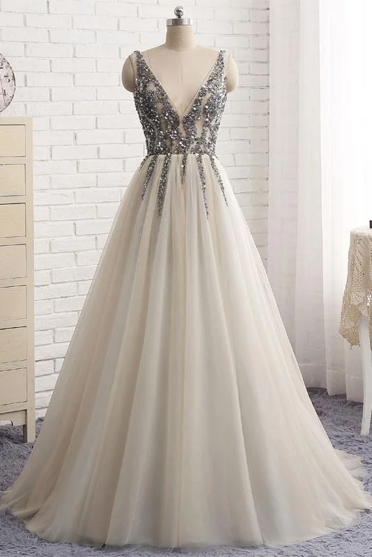 light gray tulle v-neck long tulle sequin top prom dress, PD4492