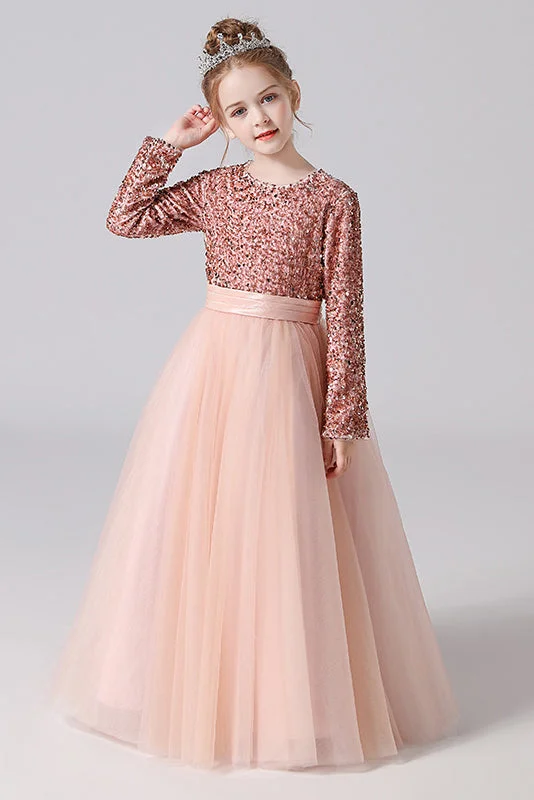 Long Sleeve Sequins Floor Length Tulle Flower Girl Dresses