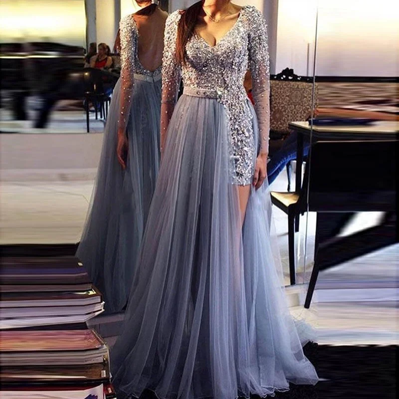 Long Sleeves Sequins Beading Sexy Long Evening Gown Light Blue Women Formal Dress