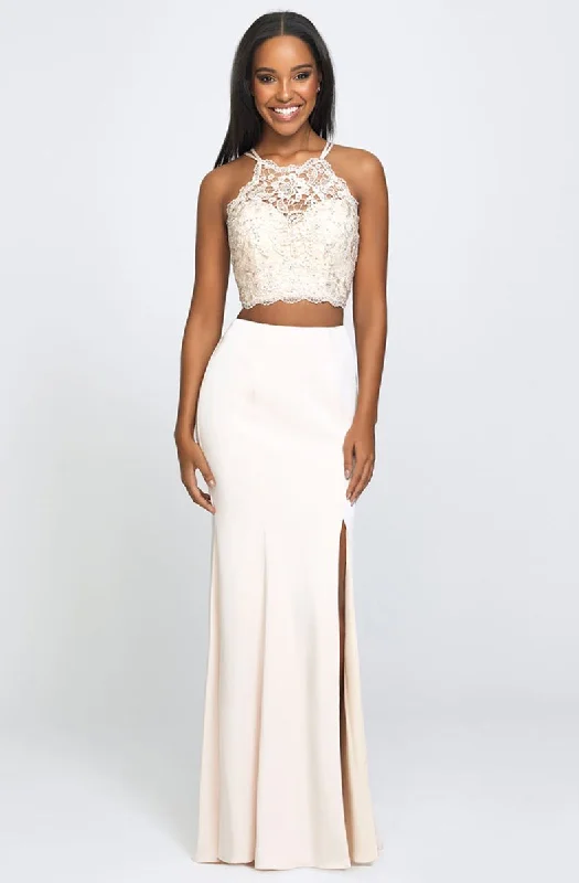 Madison James - 19-201SC Two-Piece Halter Lace Bodice High Slit Dress