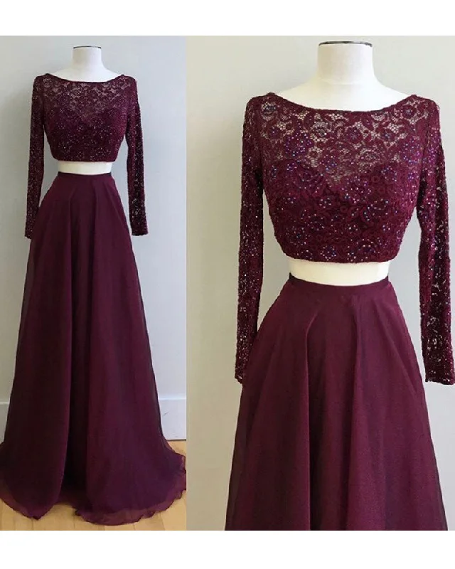 Maroon prom Dress Crop Top Long Sleeves Lace Sequins Formal Wear LP365