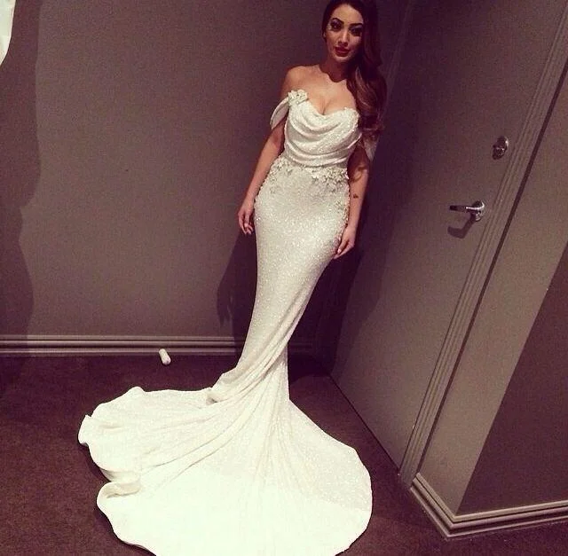 off shoulder white sequin sparkle mermaid long evening dress, PD5266