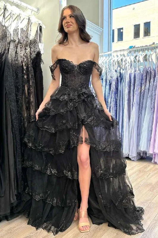 Off the Shoulder Black Lace Applique Tiered Prom Dress with High Slit