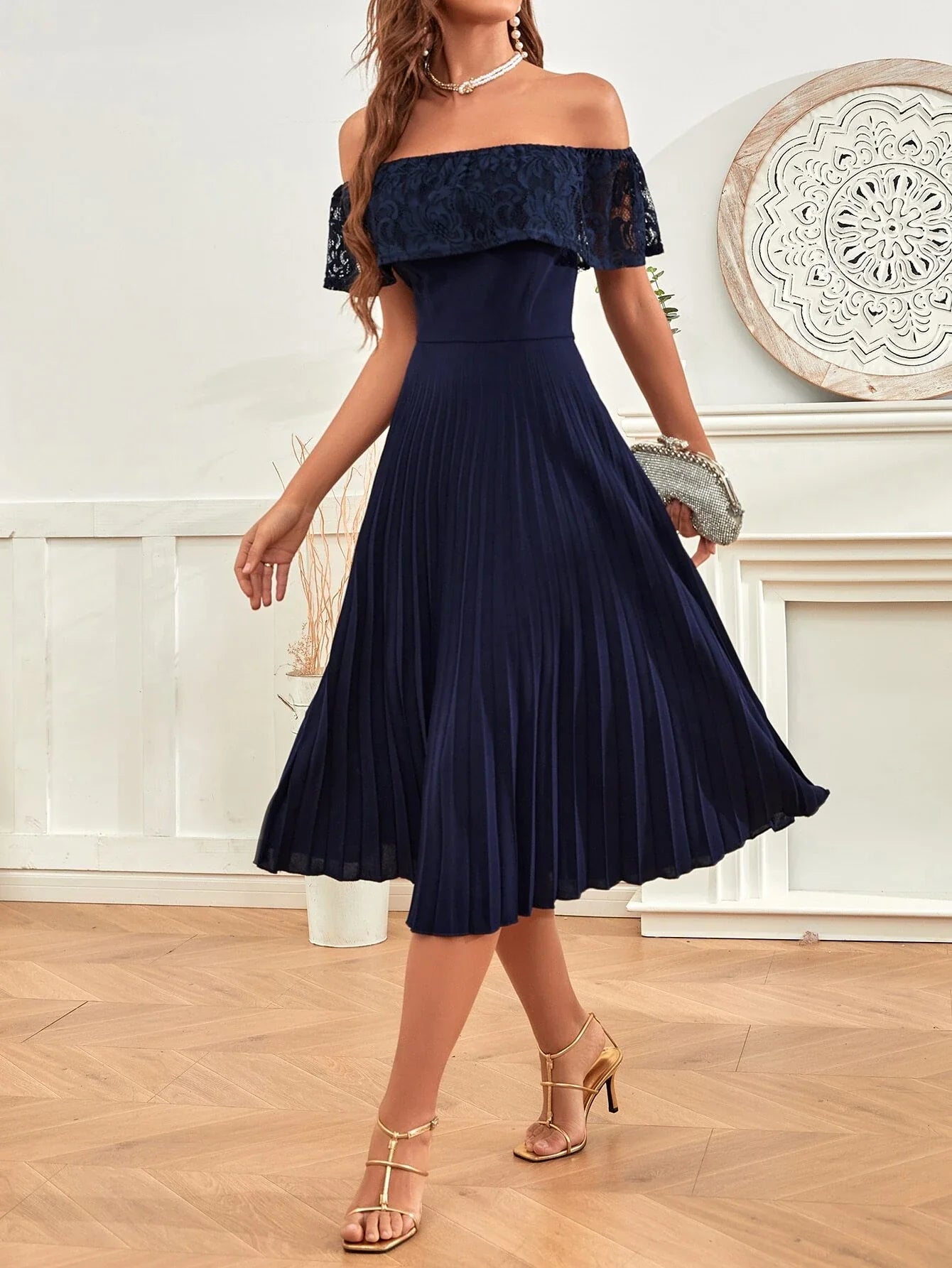 SHEIN Off The Shoulder Contrast Lace Pleated Dress