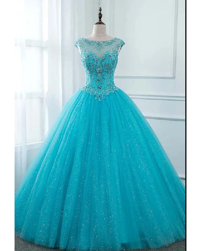 Siaoryne Glitter Sequin Crystal Turquoise Blue Cap Sleeves Ball Gown Prom Dress Sweet 15 Dress Quinceanera PL20111