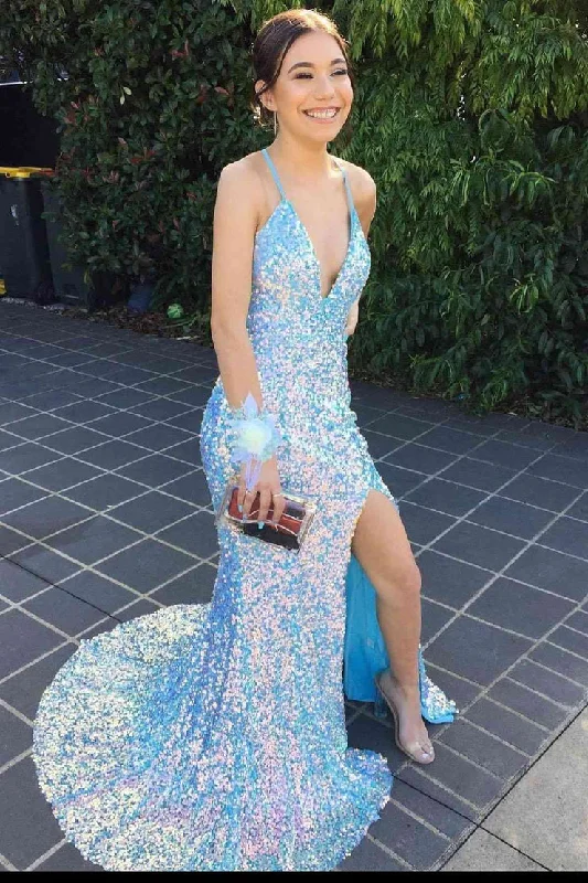 Sparkle Blue V-neck Shiny Prom Dress Mermaid Sequins Long Evening Dress OK1338