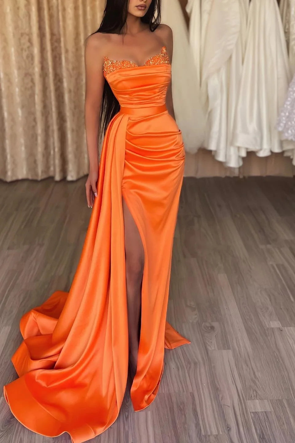 Strapless Orange Sweetheart Prom Dress with Sequins  SM111