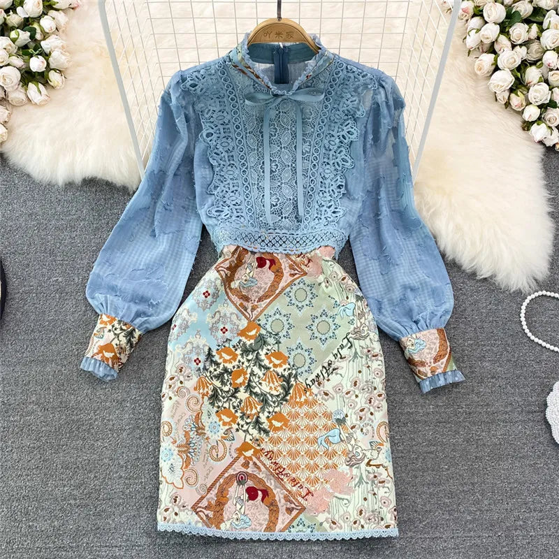 Summer Women OL Workwear Dress Clothing Vintage Bow Lace Patchwork Print Flowers Long Sleeve Costumes