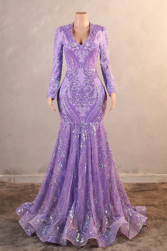 V-Neck Long Sleeve Zipper Sequins Mermaid Sweep Train Evening Dress