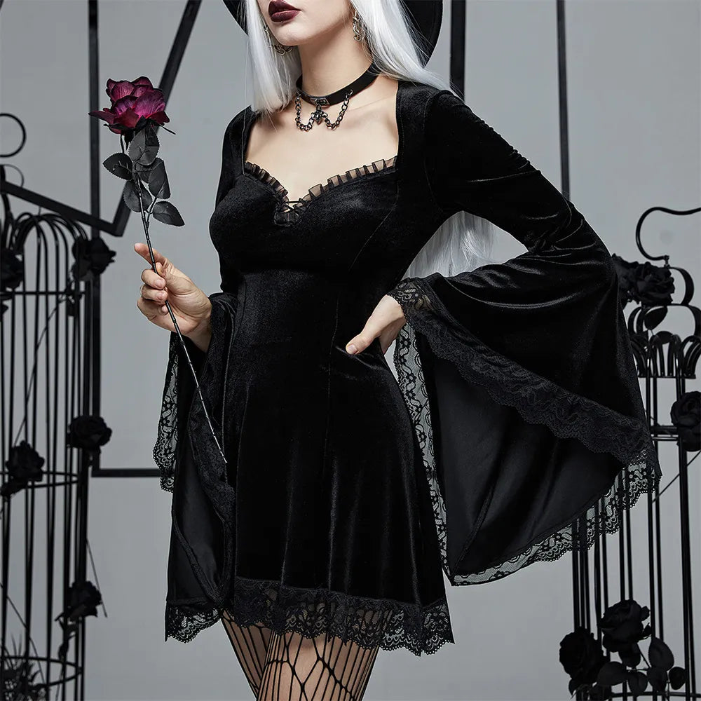 Vintage Dress Women Gothic Lace V-Neck Witch Long Sleeves Dresses