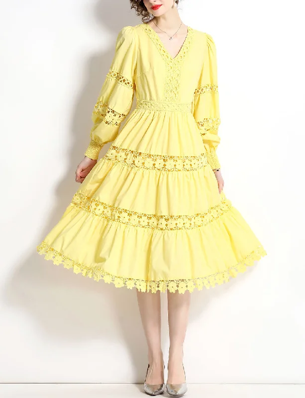 Yellow V Neck Lace Bohemia Holiday Dress For Women